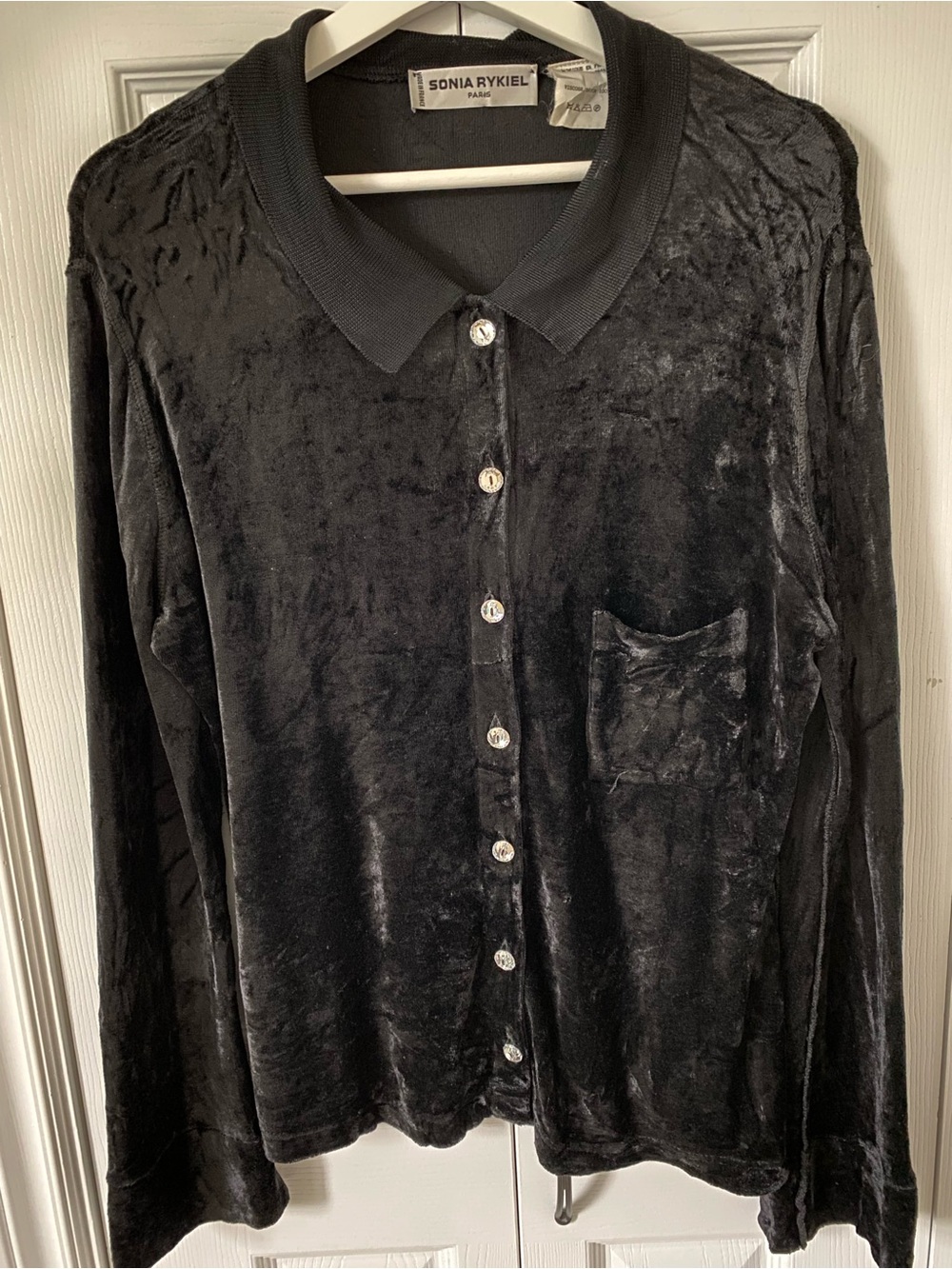 Sonia Rykiel Paris Vintage Y2K Black Crushed Velvet Long-Sleeve Crystal Buttons